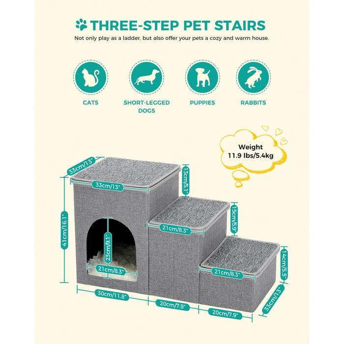 PETEPELA Folding Dog Stairs, 3 Steps, Pet Stairs for Small Dogs with Storage Space, 3 Steps to Couch