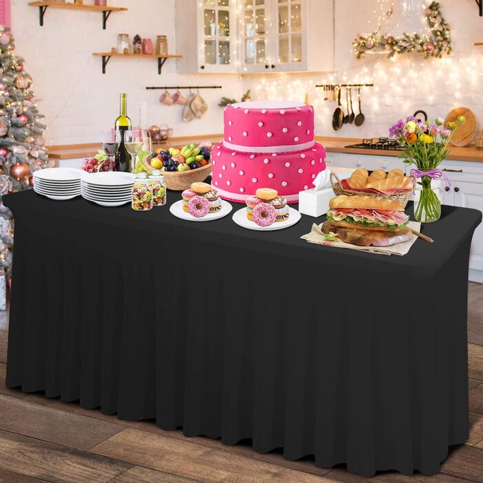 Thick 2-in-1 Spandex Table Skirt and Table Cover 6ft, Rectangle Fitted Tablecloth with Pleated Skirt, Table Linens for Banquets Event (Black, 72