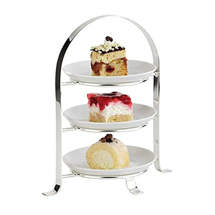 APS Serving Stand – High-quality cake stand made of chrome-plated metal for 3 plates with a max. Ø of 17cm – Overall height 25.5 cm (plates not included)