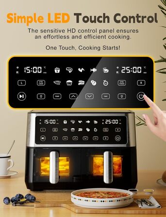 Аерофритюрниця з двома камерами і вікном, 10 л, Dual Zone XXL, 10 програм, сенсорний екран, таймер, енергозберігаюча, фритюрниця без олії