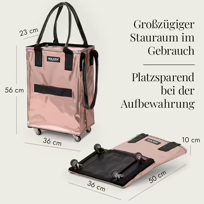 HULKEN - (Small, Rose Gold) Reusable shopping bag on wheels. The shopping cart can carry up to 30 kg, has sturdy handles, a zipper, and is flat, lightweight, and foldable.