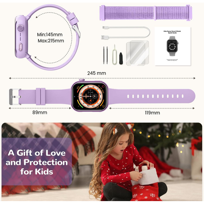 Дитячий розумний годинник зі GPS та телефоном, IP68, відеодзвінки, SOS, режим навчання, чат, SMS, ліхтарик, крокомір, будильник, годинник для дівчаток та хлопчиків, фіолетовий