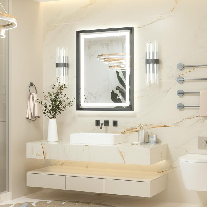 Дзеркало для ванної кімнати Keonjinn з підсвічуванням, чорний металевий каркас 60x80 см, антизапітніння, LED, сенсорне управління, 3 кольори світла, регулювання яскравості, функція пам'яті, настінне дзеркало