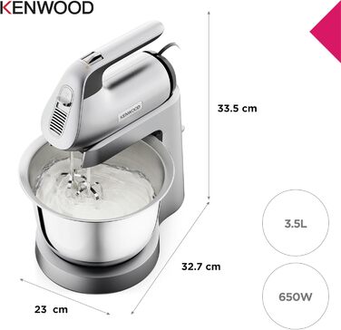 Міксер Kenwood Chefette HMP54.000SI – ручний і стаціонарний, 3,5 л, нержавіюча сталь, 650 Вт, регульована швидкість, сріблястий