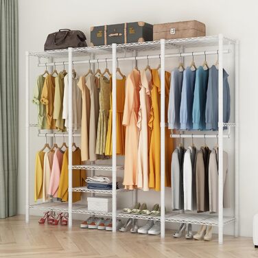 KZOBYD Clothes Rack, Coat Rack with 6 Height-Adjustable Shelves, Clothes Rail with 4 Hanging Compartments, Plenty of Space, for Bedroom, Living Room (White)