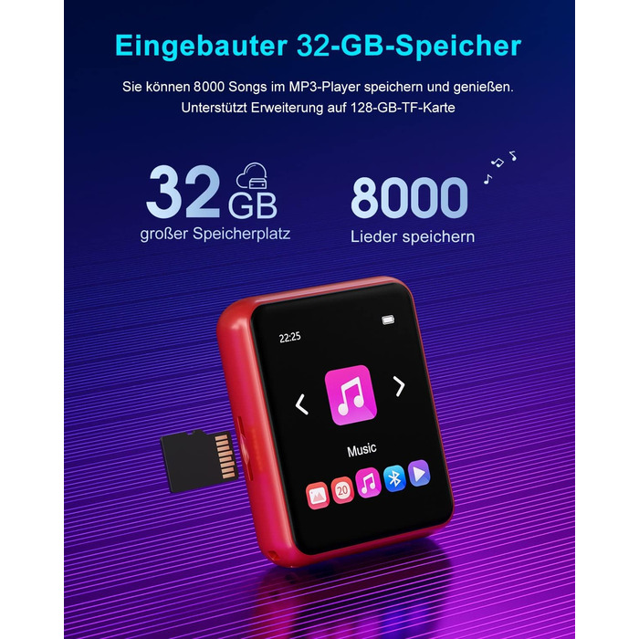 MP3 плеєр 32GB Bluetooth 5.0 з сенсорним екраном, HiFi, радіо, диктофон (червоний)