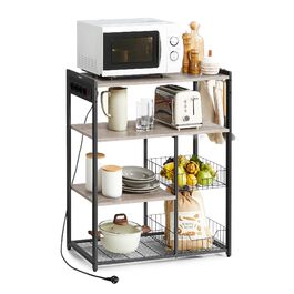 Стелаж кухонний VASAGLE з розетками, 2 металеві кошики, гачки, полиці, 35 x 80 x 93,5 см, індустріальний дизайн, vintagebrown-tintenschwarz