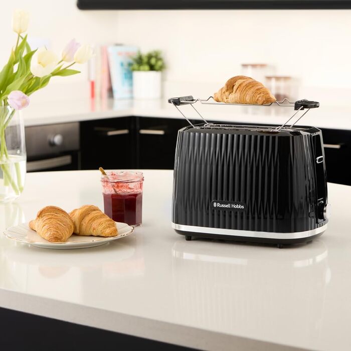 Тостер Russell Hobbs Eden: 2 відділення, 6 рівнів підсмажування, підйом, розморожування, підігрів, крихтозбірник, насадка для бургерів, чорний (27374-56)