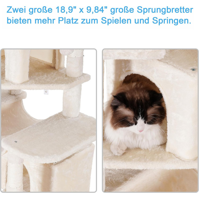Великий котячий будиночок Hey-brother Kratzbaum XXL, 180 см, стабільний з сизалевим мотузком, велике дряпальний борд, кошик, 3 платформи та 2 будиночки (Бежевий)