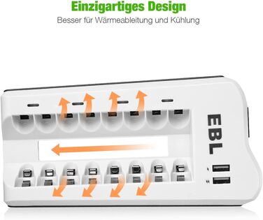 Зарядний пристрій EBL для акумуляторів AA/AAA NI-MH/NI-Cd та USB пристроїв, 8 слотів, LED дисплей, 2 USB порти (без акумуляторів)