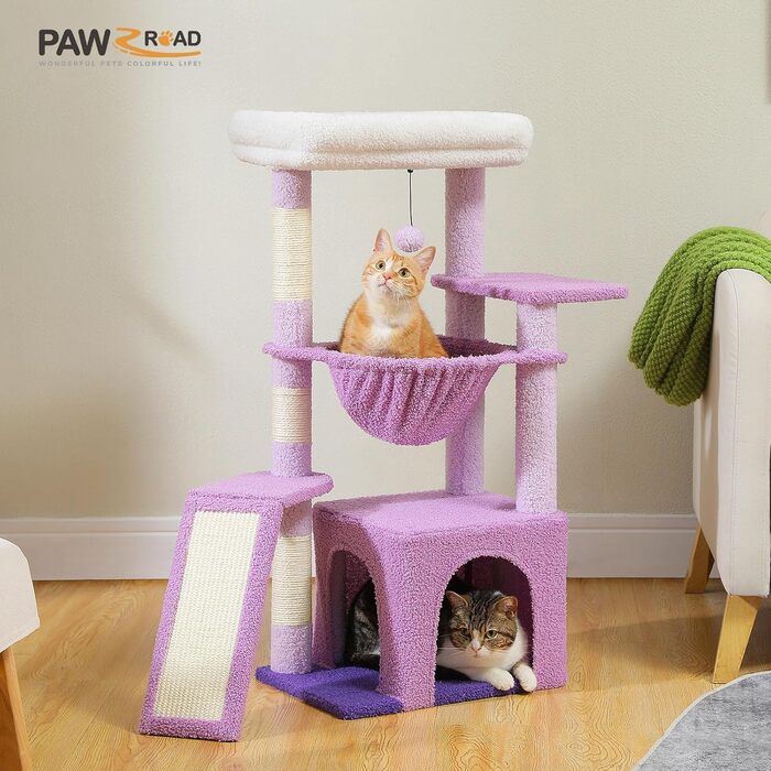 Дряпак для котів PAWZ Road Kaktus з великою печерою, сизаль, гамак, стійка, 90 см, Рожевий (фіолетовий)