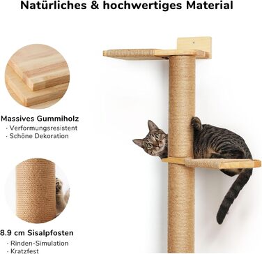 Kratzbaum, 5-story cat tree reaching the ceiling (206 cm), wall-mounted cat tree, made of natural rubber wood, for cats to climb, scratch, look out, and play.