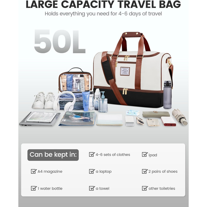 Спортивна сумка LOVEVOOK 37L для подорожей: Weekender, Duffel, Carry-on з відділенням для взуття та мокрих речей, водонепроникна, для відпочинку, авіаперельотів (L, Бежево-чорно-коричнева)