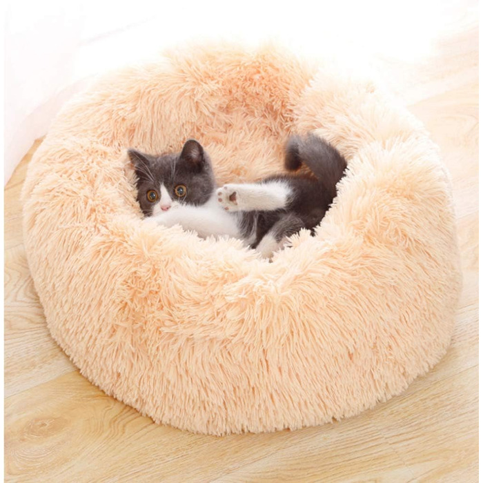 М'яке ліжко для собак та котів, кругленьке, плюшеве, миється, портативне, 50см, бежеве