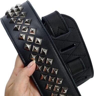 Гітарний ремінь Nefelibata з повном'якої шкіри, з м'якою підкладкою, з срібними заклепками, для електро-, акустичної та бас-гітари (2,5' шириною, карбоновий чорний) (Квадратні діаманти)