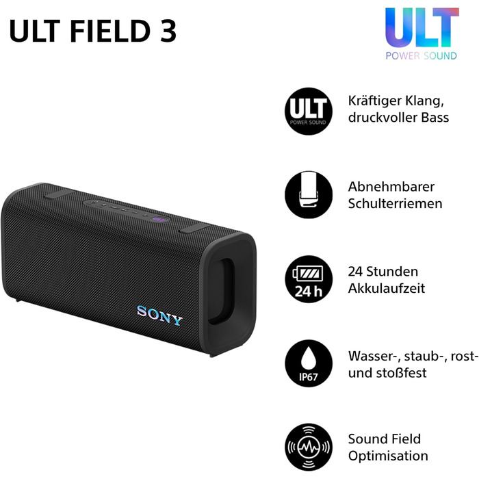 Sony ULT Field 3: Портативна Bluetooth колонка з потужним басом, IP67 (водонепроникна, пилозахищена), 12 год роботи, чорна