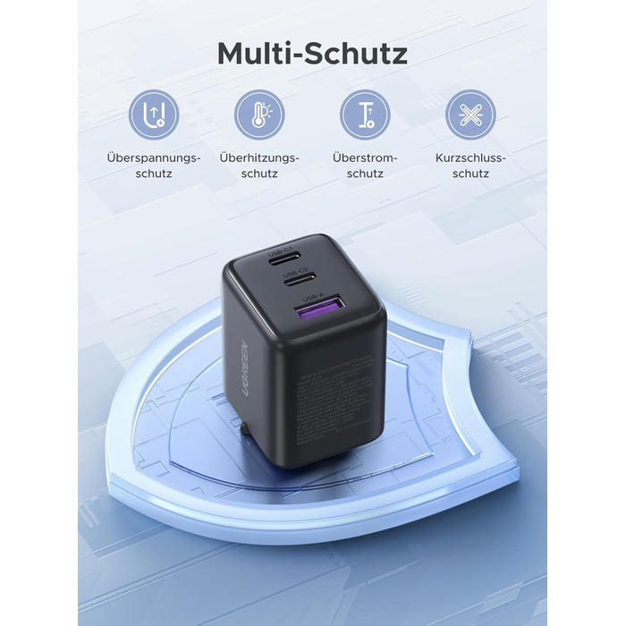 Зарядний пристрій UGREEN 30W USB-C з 3 портами GaN II для iPhone, iPad, Galaxy, Pixel - Швидка зарядка PD