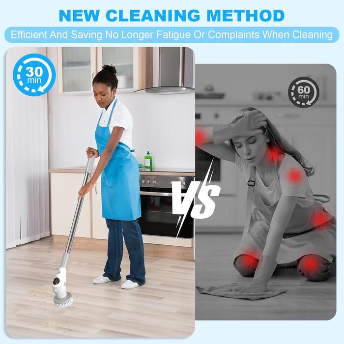 Electric Cleaning Brush, Electric Spin Scrubber Cordless with 8 Replaceable Brush Heads, 3 Speed, Adjustable Handle, LED Screen Electric Brush for Bathroom, Kitchen, Car, Tiles (Gray and White)