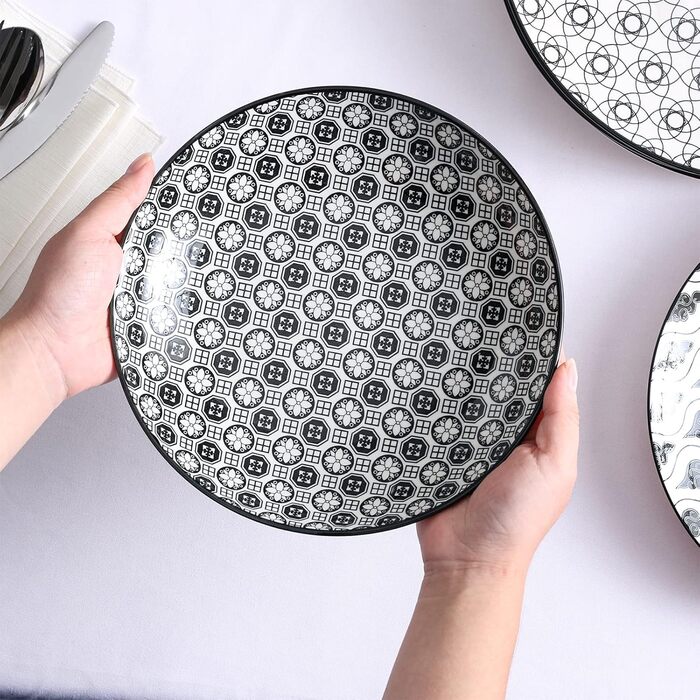 Набір тарілок Vancasso Haruka: 4 супові тарілки з порцеляни, Ø 21 см, 700 мл, чорний + кремовий