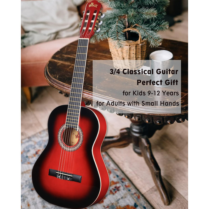 Класична гітара Winzz 4/4 для дорослих та дітей (від 11 років), набір для початківців - Чорний глянцевий (39 дюймів), 3/4 - Червоний