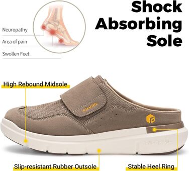 Домашні тапочки для чоловіків FitVille з широкою колодкою, з липучкою, з підтримкою склепіння стопи, розмір 41-50, пісочний колір