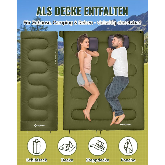 KingCamp 3-Season Sleeping Bag - Lightweight, Waterproof & Warm for Adults & Kids - Camping & Outdoor Sleeping Bag (Olive Green)