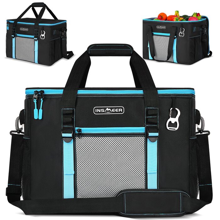 INSMEER Кулер для їжі та напоїв 50 л, великий, складний, для 80 банок, витримує витоки, з відкривачем, для пікніків, кемпінгу, пляжу, сімейних поїздок на 4 особи, чорний