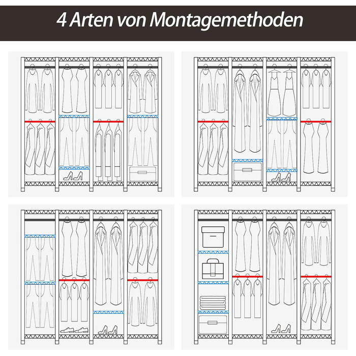 Відкритий шафа-система AQRA: зручний шафа-організатор з 9 полицями та 5 штангами для одягу, стійка для одягу з місткою конструкцією (193.5x43.5x195 см)
