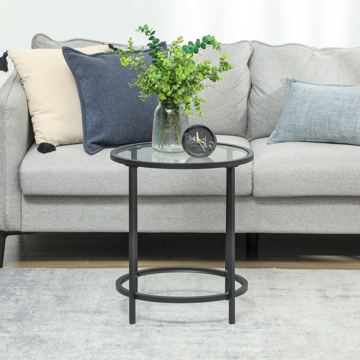HOMCOM Side Table Round Coffee Table with Glass Tabletop, Metal Frame, Coffee Table, Nightstand for Living Room, Bedroom, Black, Ø48 x 54.7 cm | Aosom