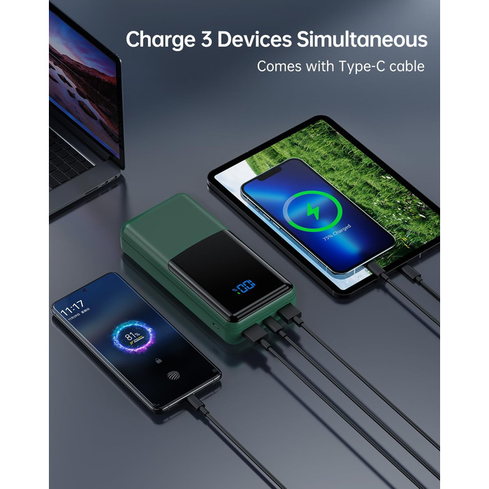 Power Bank Coblob 27000mAh з LED дисплеєм, 3 входами/виходами, USB-C 30W, для смартфонів, планшетів, AirPods та іншого (темно-зелений)