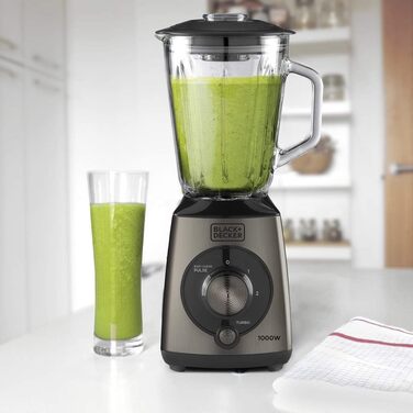 Блендер Black+Decker 1000 Вт, імпульсний режим, пластикова чаша 1,5 л, 4-лезові нержавіючі леза, легке очищення