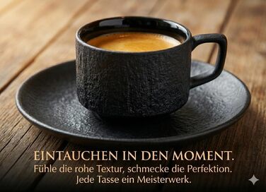 Набір з 4 чашки для еспресо Saumo з підставками, кераміка, 100 мл, чорний колір, сучасний дизайн. Ідеально для еспресо та кавових напоїв вдома, в офісі та на особливих заходах.