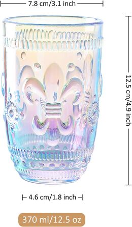 Joeyan 370ml Rainbow Water Glasses, Set of 4 Gradient Tumbler Glasses, Colorful Embossed Flower Pattern, Shimmering Iridescent Drinking Glasses, Romantic for Everyday Family Meals, Party, Office, Drinks, Cocktails, Juice
