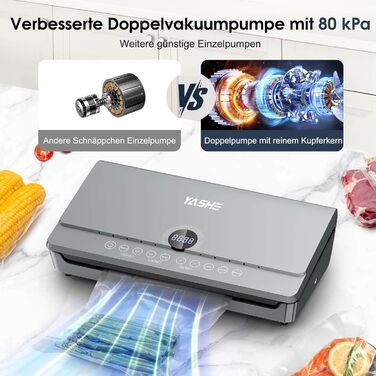 Вакуумний пакувальник YASHE 80KPA з магнітною кришкою, 10-в-1, подвійна зварювальна лінія та подвійна поршнева помпа, зберігання рулонів, для зберігання продуктів