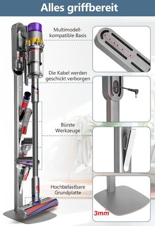 Тримач для пилососа Dyson Wandhalterung з зарядною станцією для V8–V15 та Gen5 – стабільний тримач для акумуляторного пилососа з органайзером для аксесуарів, щіток та кабелів (срібний)