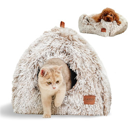 Cat Cave Cat Bed Cat House Cozy Cave 40x40cm Foldable Washable Comfortable Cat Sleeping Place for Cats Kittens Puppies with Removable Cat Head Pillow Beige (Coffee Brown-L)