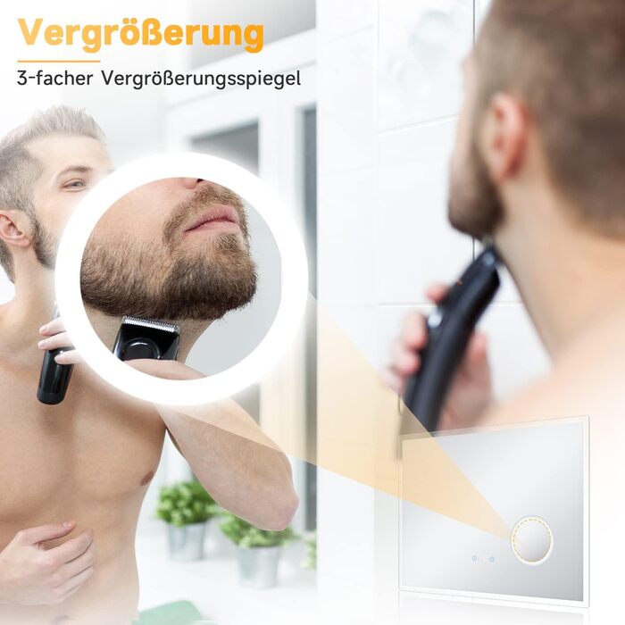 Дзеркало для ванної кімнати SONNI з підсвічуванням 80x60 см, 3 кольори світла, проти запотівання, LED, сенсорна кнопка, годинник, температура, 3-кратне збільшення