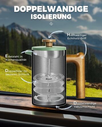 Poliviar French Press Coffee Maker 600 ml/21oz, Double-Walled Insulated Coffee Pot and Tea Maker, Manual Filter Coffee Press with Plunger & Wooden Handle, Flatland (Green) JX2024-SFPN-DE