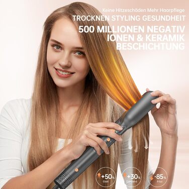 Webeauty Airstyler 7-в-1: фен-щітка, плойка, випрямляч, 110000 об/хв, 25 м/с, 500 млн негативних іонів, сірий золотий