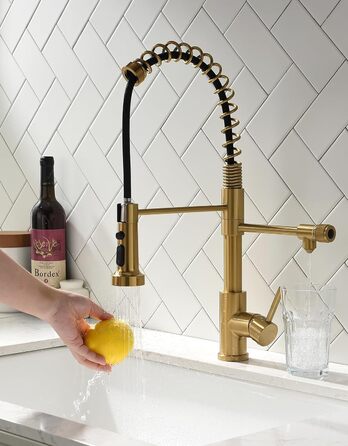 Інфрачервоний сенсорний змішувач для кухні з висувною лійкою, кухонна арматура 360° обертання, змішувач з одним важелем, для мийки, з спіральною пружиною, щіткове золото