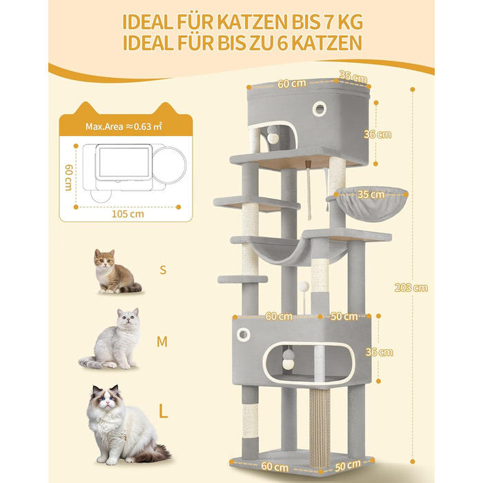 Когтеточка для котів Hzuaneri XXL (203 см) з великою платформою, 2 печери, 7 стовпчиків, помпонами, лежаками та гамаком. Підходить для всіх порід котів. MS20318YL (Світло-сірий)