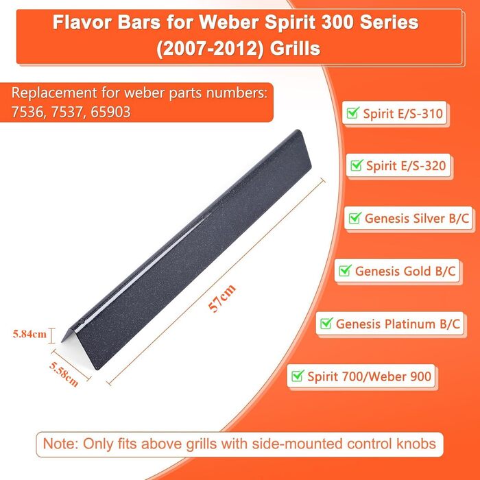 GFTIME 57cm Flavorizer Bars 7537 for Weber Spirit E310/320 (2007-2012 with side burner knobs), 7536 Porcelain Steel Burner Cover Replacement Parts for Spirit 700, Weber 900