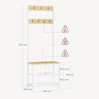 WOLTU Coat Rack Clothes Rack Laundry Rack Shoe Shelf with Seat, with 7 Hooks, Wood and Steel, Hanging Shelf, Black Vintage (Light Oak + White)