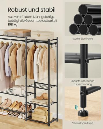 SONGMICS Стійка для одягу, відкритий шафа, вішалка для одягу з 10 полицями, 3 перекладинами, 4 гачками, металевий каркас, для спальні, вітальні, передпокою, чорний LGR011BZ01 (124,8B см)