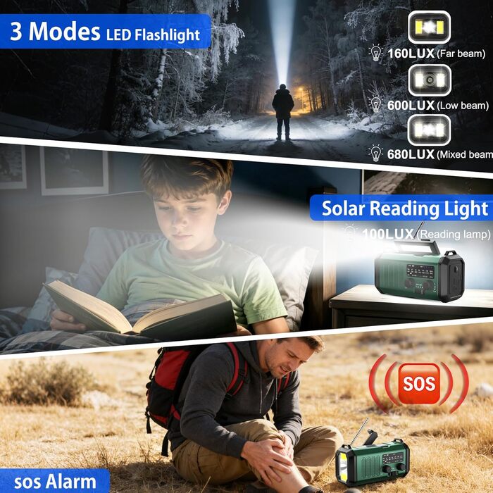 Leaton Радіостанція аварійна з ручним генератором, NOAA, AM/FM, 10000 mAh | Сонячна Power Bank, USB-C, ліхтарик, SOS-сигнал, для кемпінгу, виживання, військових, зелений