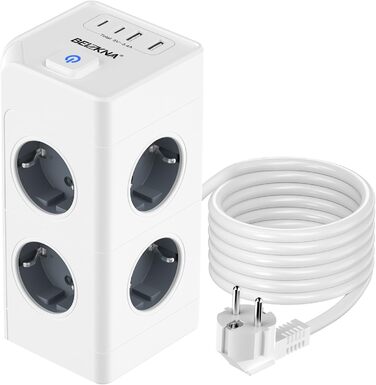 Мережевий фільтр з 4 розетками та 4 USB-портами, настінний, 4000W, 16A, з перетворювачем напруги, білий