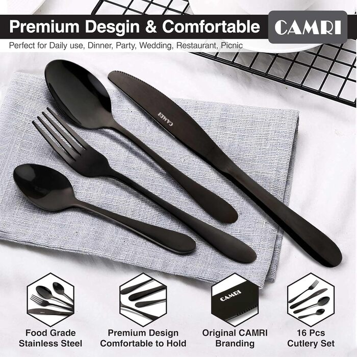 Набір столових приборів CAMRI – 16 предметів з нержавіючої сталі, столовий набір, ножі, виделки, ложки, набір для 4 осіб, придатний для миття в посудомийній машині, чорний матовий/дзеркальний дизайн