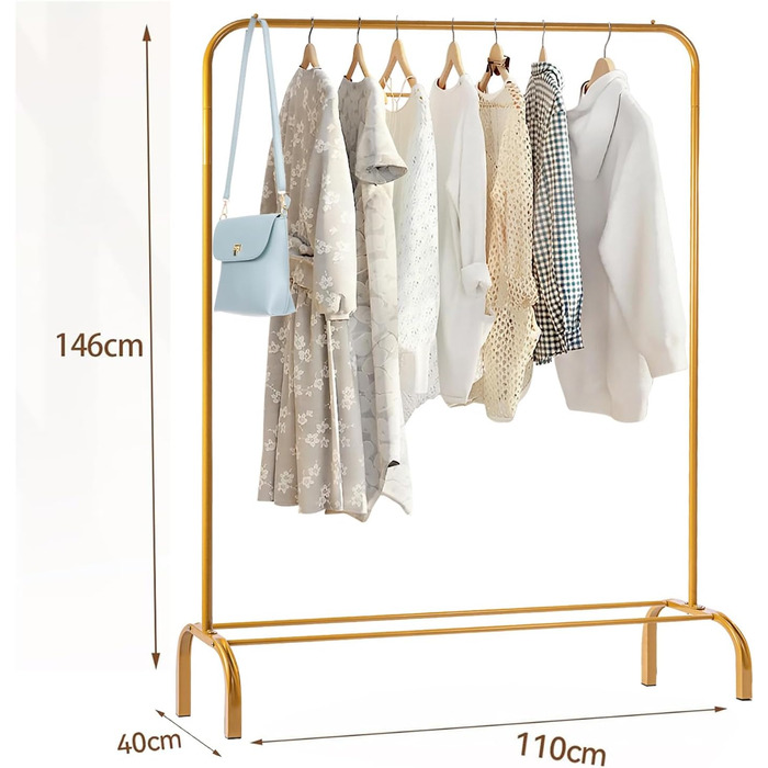 Підставка для одягу на підлозі, металева з полицею для взуття та нижньою полицею, золота, для спальні