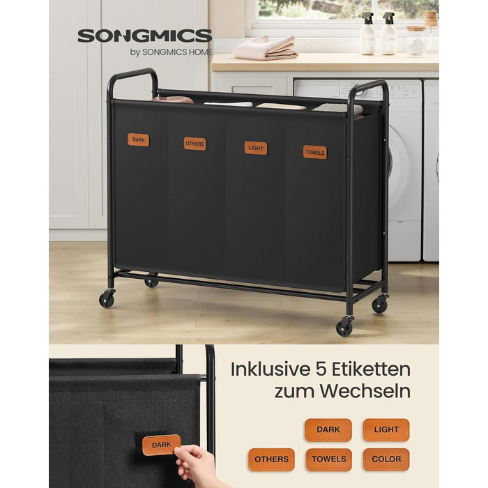 SONGMICS Laundry Basket with Wheels, Laundry Sorter with 4 Compartments, 200 L Laundry Sorter, Mobile Laundry Cart, 5 Labels, for Laundry Room, Bedroom, Bathroom, Ink Black RLS460B01