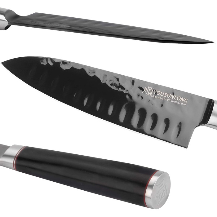 Кухонний ніж Santoku YOUSUNLONG 18 см з японської сталі AUS8, чорне титанове покриття, рукоятка з ебенового дерева